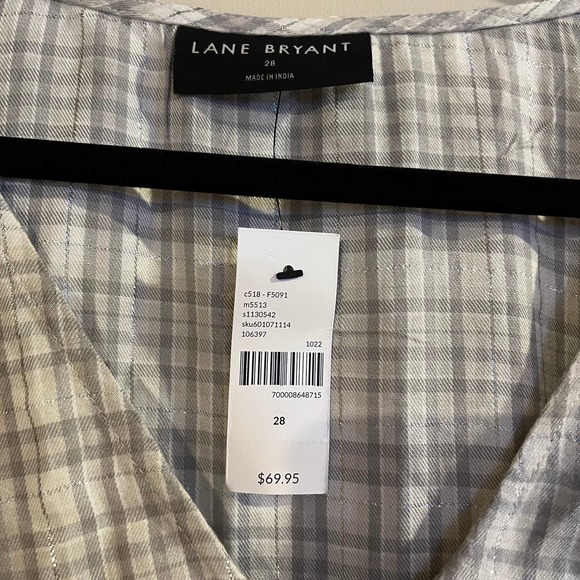 Lane Bryant‎ Shirt NWT Gray Plaid Metallic Button Down Tie Front Rayon Size 28 - Picture 4 of 5